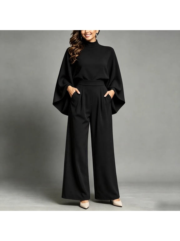 Sweater Pant Sets Women 2 Piece Outfits Plus Size Cape Sleeve Mock Neck Blouse Knitted Trousers Fall Clothes