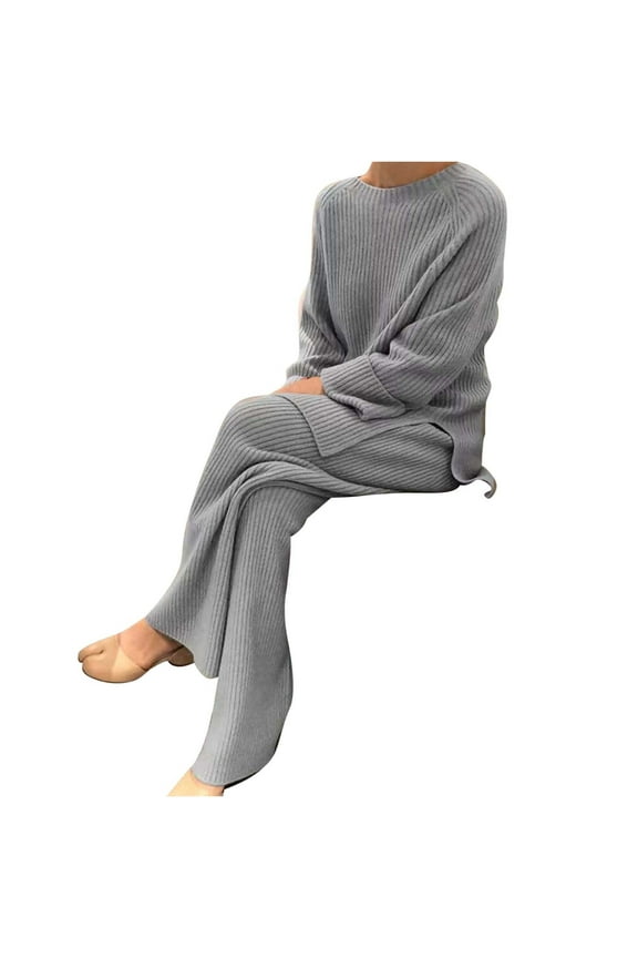 Sweater Sets Women 2 Piece Outs Long Sleeve Sweater Pullovers Long Wide Leg Pants Crew Neck Lounge Outs Rib Baggy Casual Sets Solid Gym Sets Fashion Suits Streetwear Fall Wintern Clothes Gray
