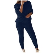 SELONE Sweater Sets Women 2 Piece Plus Size Long Sleeve Sweater Pullovers Long Lounge Trousers Off Shoulder Neck Lounge Acrylic Curvy Taper Leg Casual Sets Solid Gym Fall Wintern Clothes Blue