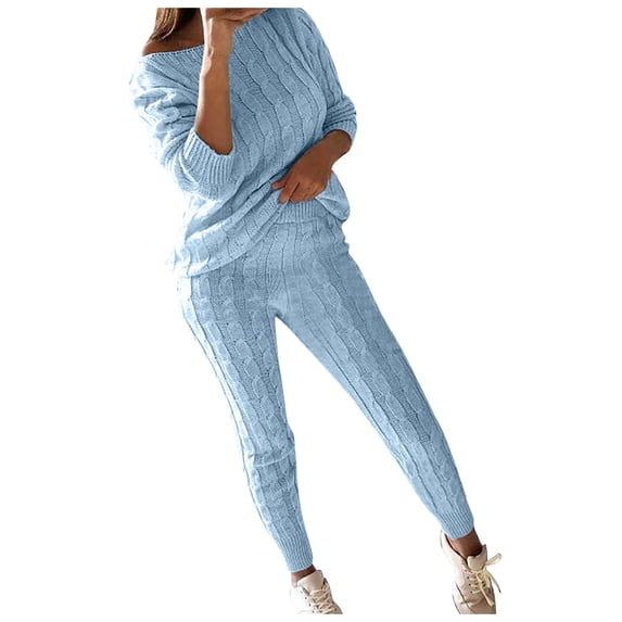 SELONE Sweater Sets Women 2 Piece Plus Size Long Sleeve Sweater Pullovers Long Lounge Trousers Off Shoulder Neck Lounge Curvy Taper Leg Casual Sets Solid Gym Fall Wintern Clothes Sky Blue