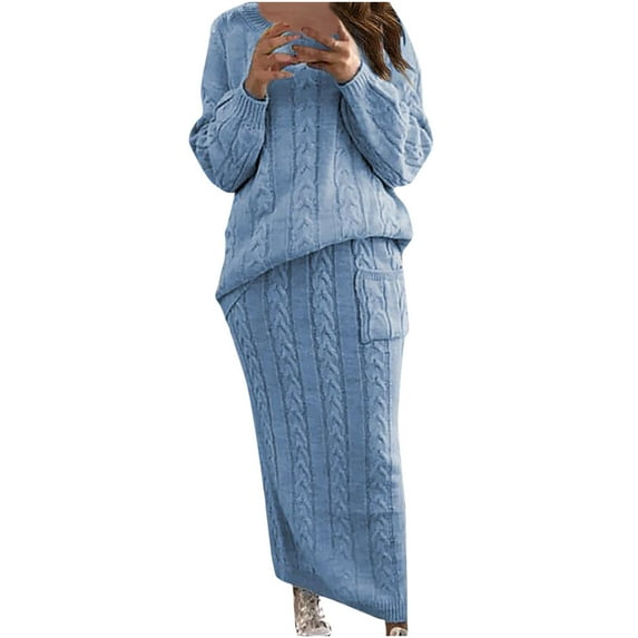 SELONE Sweater Skirt Sets Women 2 Piece Plus Size Long Sleeve Pullovers Ankle Length Pencil Skirt Cold Shoulder Crew Neck Lounge Sets Casual Sets Pockets Solid Fall Wintern Clothes Blue