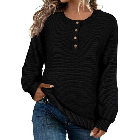 SELONE Sweaters for Women Crewneck Knitted Pullover Long Sleeve Buttons Knitwear Loose Winter Soild Tops Black L