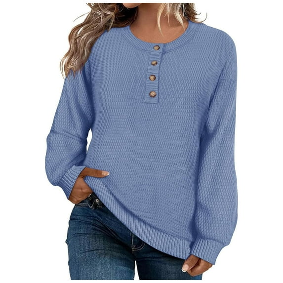 SELONE Sweaters for Women Crewneck Knitted Pullover Long Sleeve Buttons Knitwear Loose Winter Soild Tops Blue XL