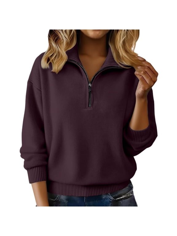 Sweaters for Women with Half Zip Knitted Pullover Collared Long Sleeve Quarter zipper Knitwear Spring Soild Tops