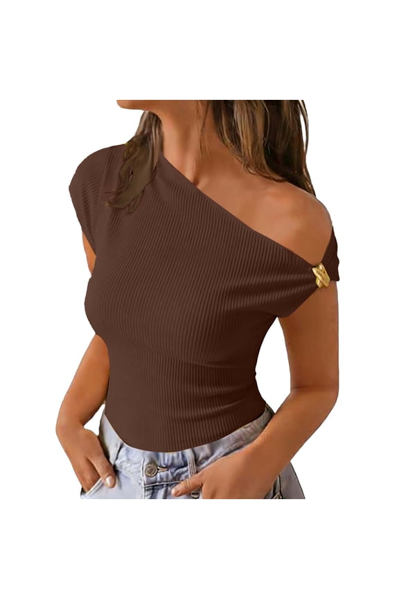 Swim Cover up for Women Tight Ribbed Tops Short Sleeve Bathing Suit One Shoulder Cropped Outerwear Coffee XL