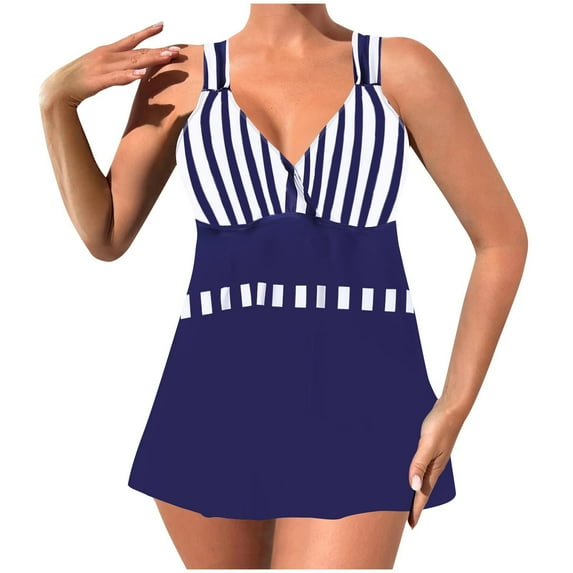 SELONE Swimsuits for Women Tankini Summer Two Piece Tankini Bathing Suits Swim Tops with Shorts Swimsuits Sporty Swimwear Modest Swimwear Conservative Print Strappy Back Set Blue 5XL
