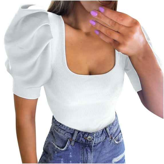 SELONE T Shirts for Women Short Sleeve Tops Blouses Regular Fit T Shirts Puff Sleeve Pullover Tees Tops Solid T-Shirts Crew Neck Tops Blouses T Shirts Easy Care Soft Breathable Pullover Tops White M