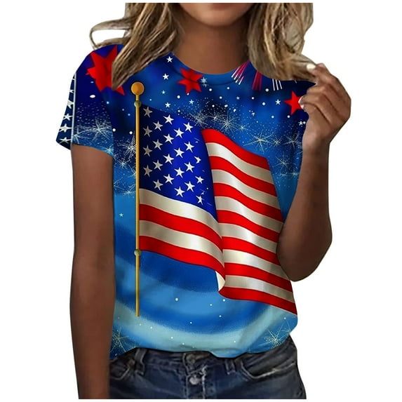 SELONE T Shirts for Women USA Flag Short Sleeve Crewneck Memorial Day Apparel Red White Blue Wear Clothes 4 of July Gifts Activewear L