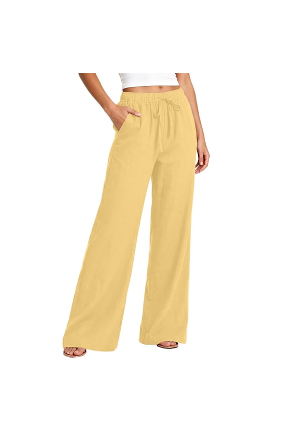 Tall Women Yoga Pants with Pockets Plus Size Lounge Pants Cotton Linen Full Length Trouser Loose Casual Long Beach Pants Drawstring Solid Straight Gold XL Tall Breathable Summer Clothes