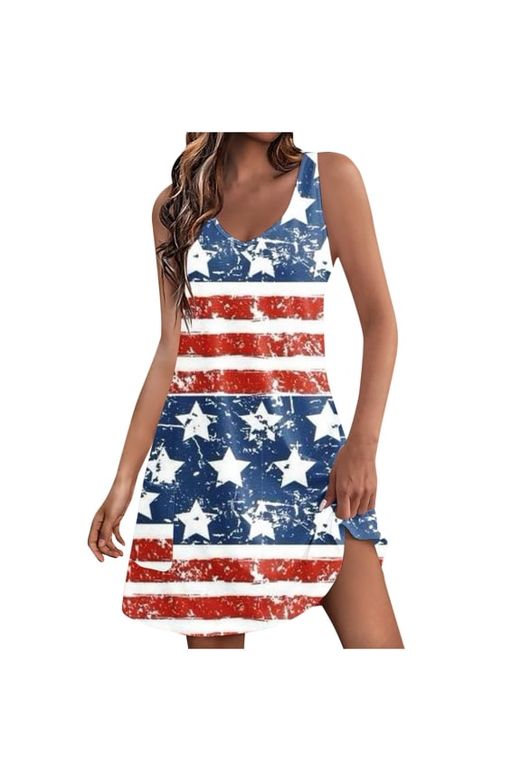 Tank Dresses for Women Pride Day Sleeveless V Neck Midi American Flag Apparel Red White Blue Wear Clothes 4th of July Graphic Gifts Activewear M