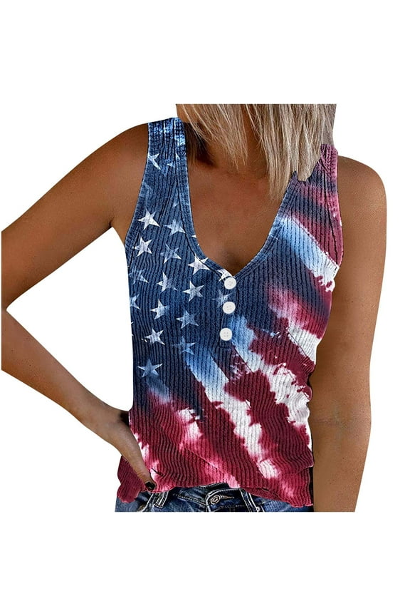 Tank Tops for Women USA Themed Plus Size Sleeveless V Neck Button Stars and Stripes Apparel Red White Blue Wear Clothes 4th July Gifts Activewear M