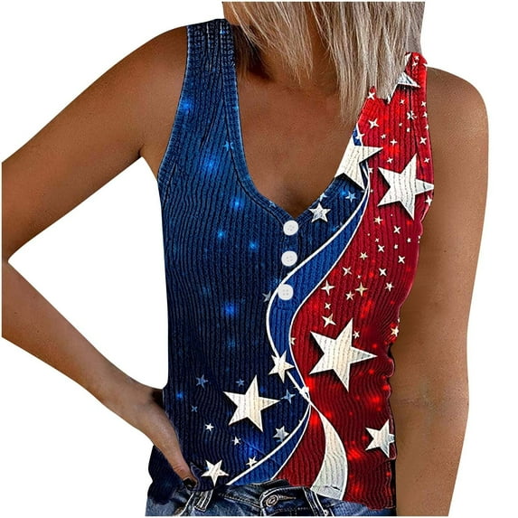 SELONE Tank Tops for Women Memorial Day Plus Size Sleeveless V Neck Button July 4 Apparel Red White Blue Wear Clothes Gifts Activewear S