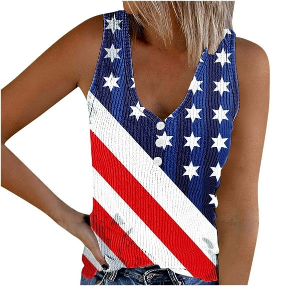 SELONE Tank Tops for Women Patriotic Plus Size Sleeveless V Neck Button Stars Stripes Apparel Red White Blue Wear Clothes July 4 Gifts Activewear 2XL