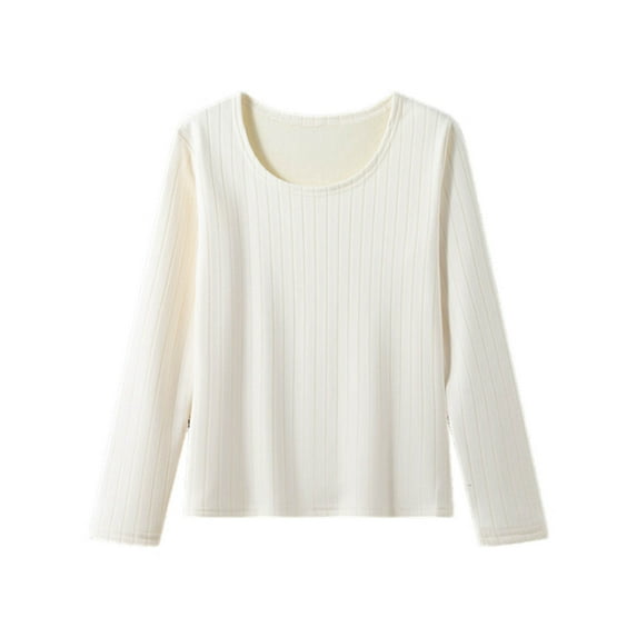 SELONE Thermal Underwear for Women Cabled Fleece Undershirt Crewneck Long Sleeve Pullover Soild Tight Home Clothes White