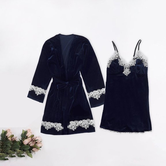SELONE Towel Robe for Women Nightgowns for Women Velvet 2 Piece Set Gold Two Piece Nightgown Home Suit Homewear Pajama Pants Sets Pajama Sets for Valentines Day Anniversary Wedding Honeymoon Navy L