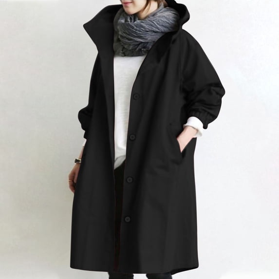 SELONE Trench Coat Women Long Sleeve Jacket Plus Size Collared Neck Long Button Up Cardigan Loose Casual Solid Outerwear with Pockets Winter Overcoat Outwear Coat Clothes for Women Black L