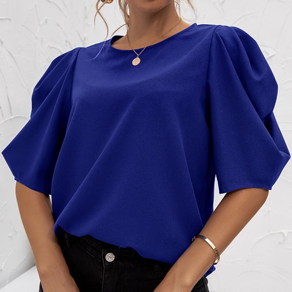 SELONE Tshirts Shirts for Women Short Sleeve Tops Blouses Regular Fit T Shirts Puff Sleeve Pullover Tees Tops Solid T-Shirts Crew Neck Tops Casual Blouses Easy Care Soft Breathable Pullover Blue XL