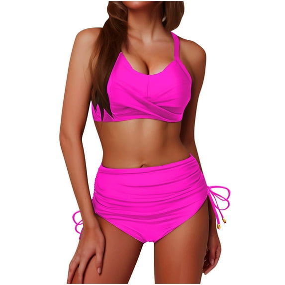 SELONE Two Piece Bathing Suits for Women High Waisted Bikini Sets Drawstring Swimsuits Crisscross Tie Back Bathing Suit Swimwear Hot Pink M