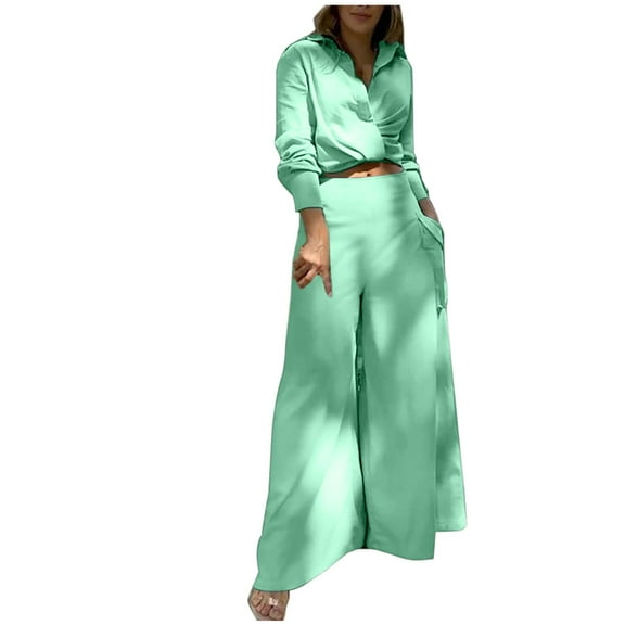SELONE Two Piece Outfits Summer Pants Set Lounge Sets for Women Fashion Solid V-Neck High Waist Casual Long SLeeve Top+ Pant Set 31-Green L