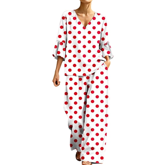 SELONE Two Piece Sets for Women Fall Lounge Set V Neck 3/4 Sleeve Tops Wide Leg Pants Polka Dot Casual Matching Sets XL
