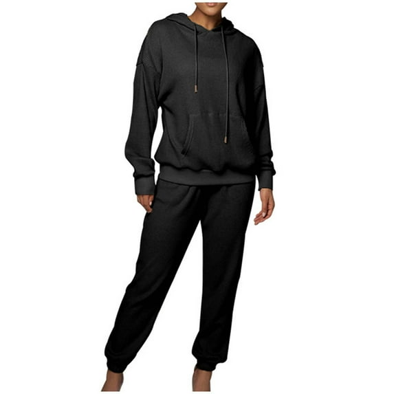 SELONE Two Piece Workout Sets For Women Long Sleeve Pullover Hooded Tops Long Sweatpants Hooded Neck Sweat Suits Loose Taper Leg Gym Sets Pockets Solid Jogger Fall Wintern Clothes Black