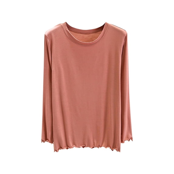 SELONE Undershirts Long Sleeve Women Thermal T-Shirt Crewneck Pullover Soild Tight Bottom Home Clothes Pink