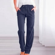 SELONE Vacation Pants for Women Plus Size Lounge Pants Cotton Linen Elastic Waist Full Length Trouser Loose Casual Long Beach Pants Drawstring Solid Straight Blue L Tall Breathable Summer Clothes