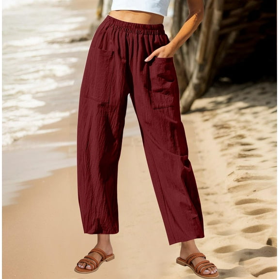 SELONE Vacation Pants for Women Plus Size Lounge Pants with Pockets Cotton Linen Elastic Waist Cropped Trouser Casual Beach Pants Solid Tapered Lightweight Wine S Tall Breathable Summer Clothes