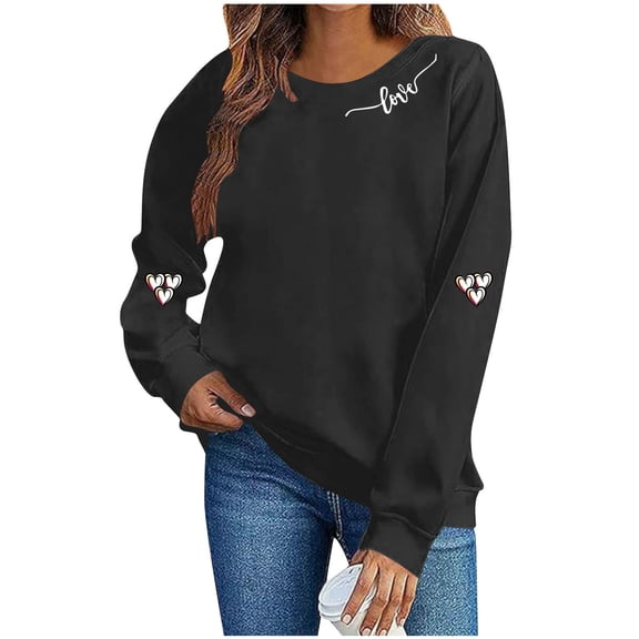 SELONE Valentine Sweatshirt Women Heart Print Long Sleeve Shirt Crewneck Tops Loose Outerwear Black M