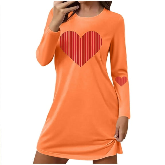 SELONE Valentine's Day Nightgowns for Women Soft Heart Mid Long Sleeve Nightdress Crewneck Sleepwear Soft Loungewear