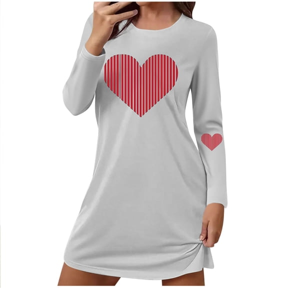 SELONE Valentine's Day Nightgowns for Women Soft Heart Mid Long Sleeve Nightdress Crewneck Sleepwear Soft Loungewear