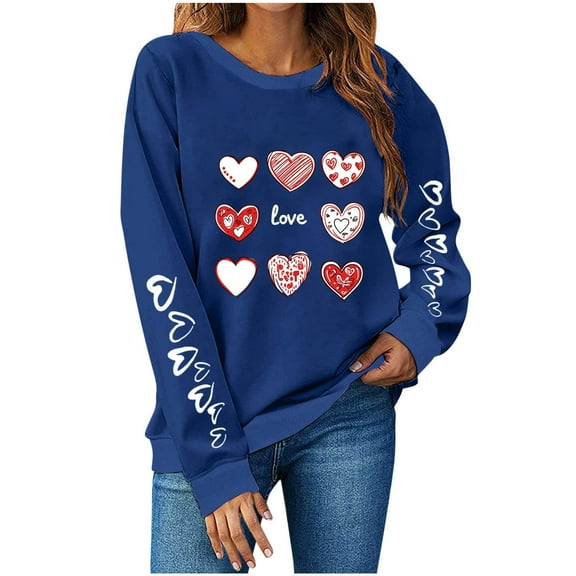 SELONE Valentine's Day Womens Long Sleeve T Shirts Heart Print Sweatshirt Crewneck Pullover Fashionable Tops Blue L