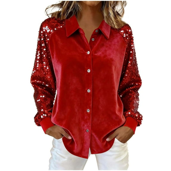 SELONE Velvet Blouses for Women Sequins Shirt Collared Long Sleeve Buttons Tops Soild Outerwear Fall Winter Red M
