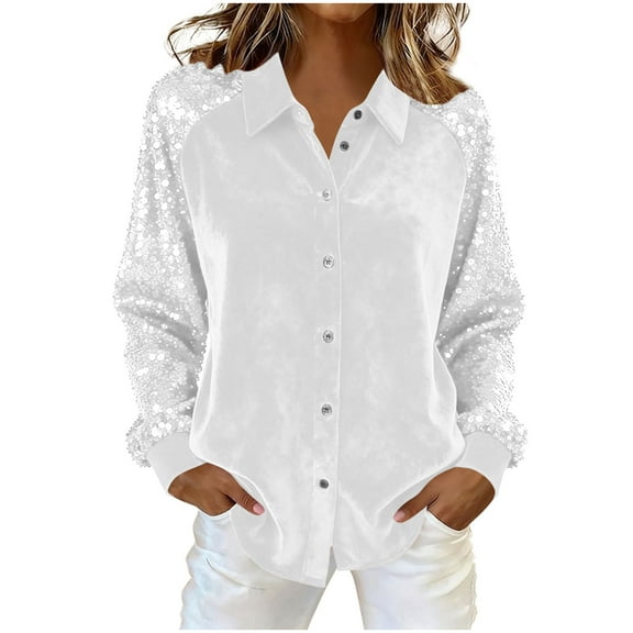 SELONE Velvet Blouses for Women Sequins Shirt Collared Long Sleeve Buttons Tops Soild Outerwear Fall Winter White L
