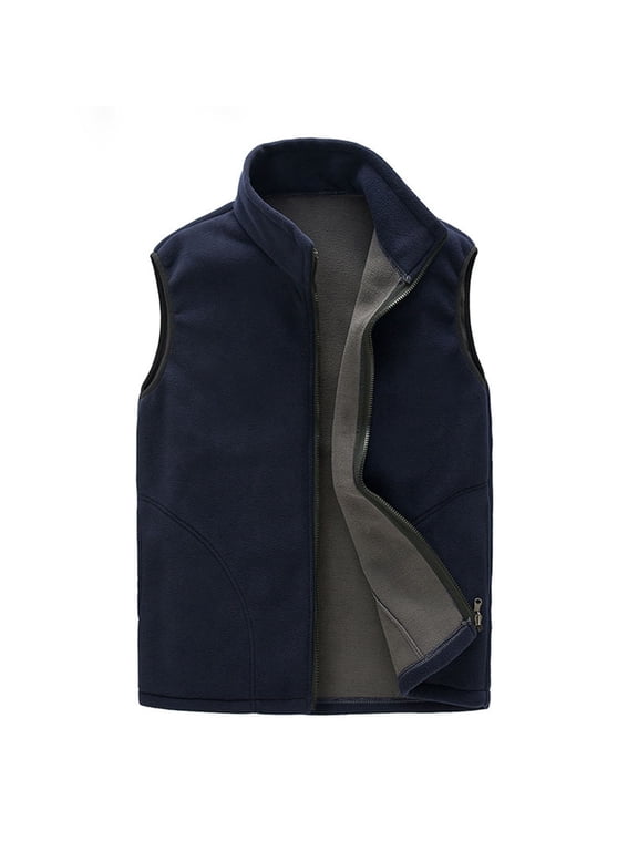 Vests for Men Fleece Zipper Hoodless Jacket with Pockets Short Sleeveless Tops Solid Warm Outerwear