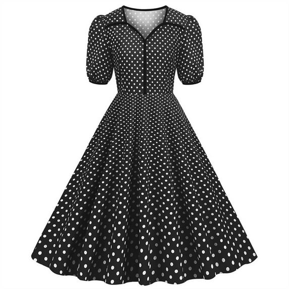 SELONE Vintage Dresses for Women 1950s Plus Size Summer Vintage Short Sleeve Polka Dot Pleated V Neck Doll Dot Printing Three Layer for Prom Evening Party Graduation Travel Photography Black XL