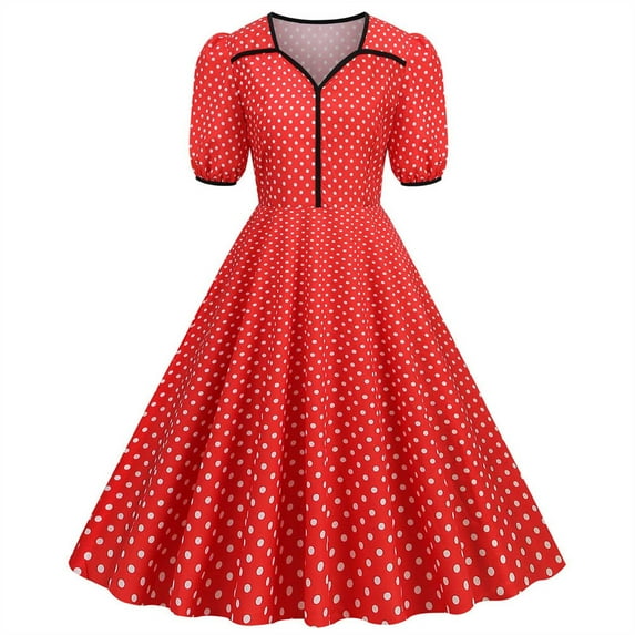 SELONE Vintage Dresses for Women 1950s Plus Size Summer Vintage Short Sleeve Polka Dot Pleated V Neck Doll Dot Printing Three Layer for Prom Evening Party Graduation Travel Photography Red XXL
