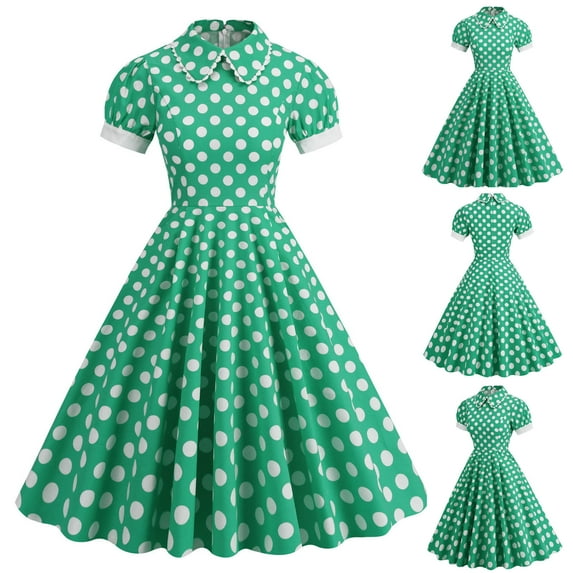 SELONE Vintage Dresses for Women 1950s with Sleeves Midi Short Sleeve Polka Dot Solid Temperament Contrast High Neck Doll Collar Lapel Mid Length for Prom Party Graduation Photography Green L