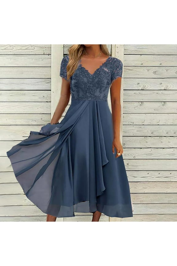 Wedding Dresses for Bride Wrap Tulle Mesh Lace Short Sleeve V Neck Chiffon Solid Waist Party Summer Dresses for Women Gift for Wedding Guest Evening Party Graduation Birthday Tea Party Navy L