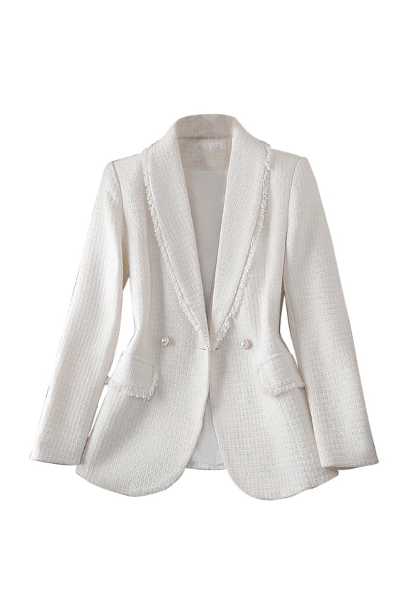 White Blazer for Women Business Suit Jacket Long Sleeve Double Breasted Tweed Work Blazer Lapel Outerwear M