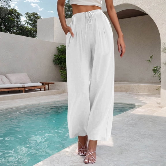 SELONE White White Lounge Pants with Pockets Cotton Linen Wide Leg Elastic Waist Full Length Trouser Loose Casual Long Beach Pants Drawstring Solid Lightweight M Tall Breathable Summer Clothes