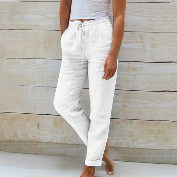SELONE White White Mid Waist Lounge Pants Cotton Linen Elastic Waist Cropped Trouser Pants Casual Beach Pants Solid Soft Tapered Lightweight Comfortable L Tall Breathable Summer Clothes