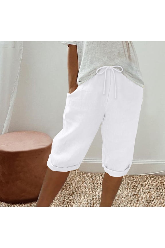 White White Mid Waist Plus Size Lounge Pants Cotton Linen Bermuda Trousers Loose Casual Trendy Pants Drawstring Solid Soft Lightweight Comfortable 2XL Breathable Summer Clothes