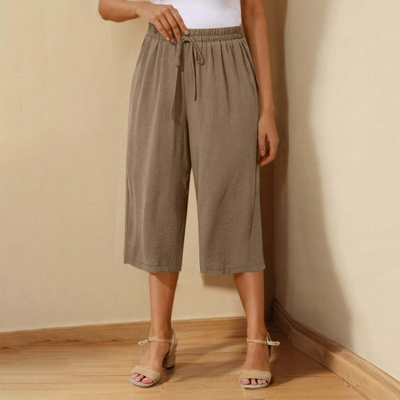 SELONE Wide Leg Capris for Women Mid Waist Plus Size Lounge Pants with Pockets Wide Leg Elastic Waist Trouser Loose Casual Beach Pants Drawstring Solid Lightweight Khaki L Breathable Summer Clothes