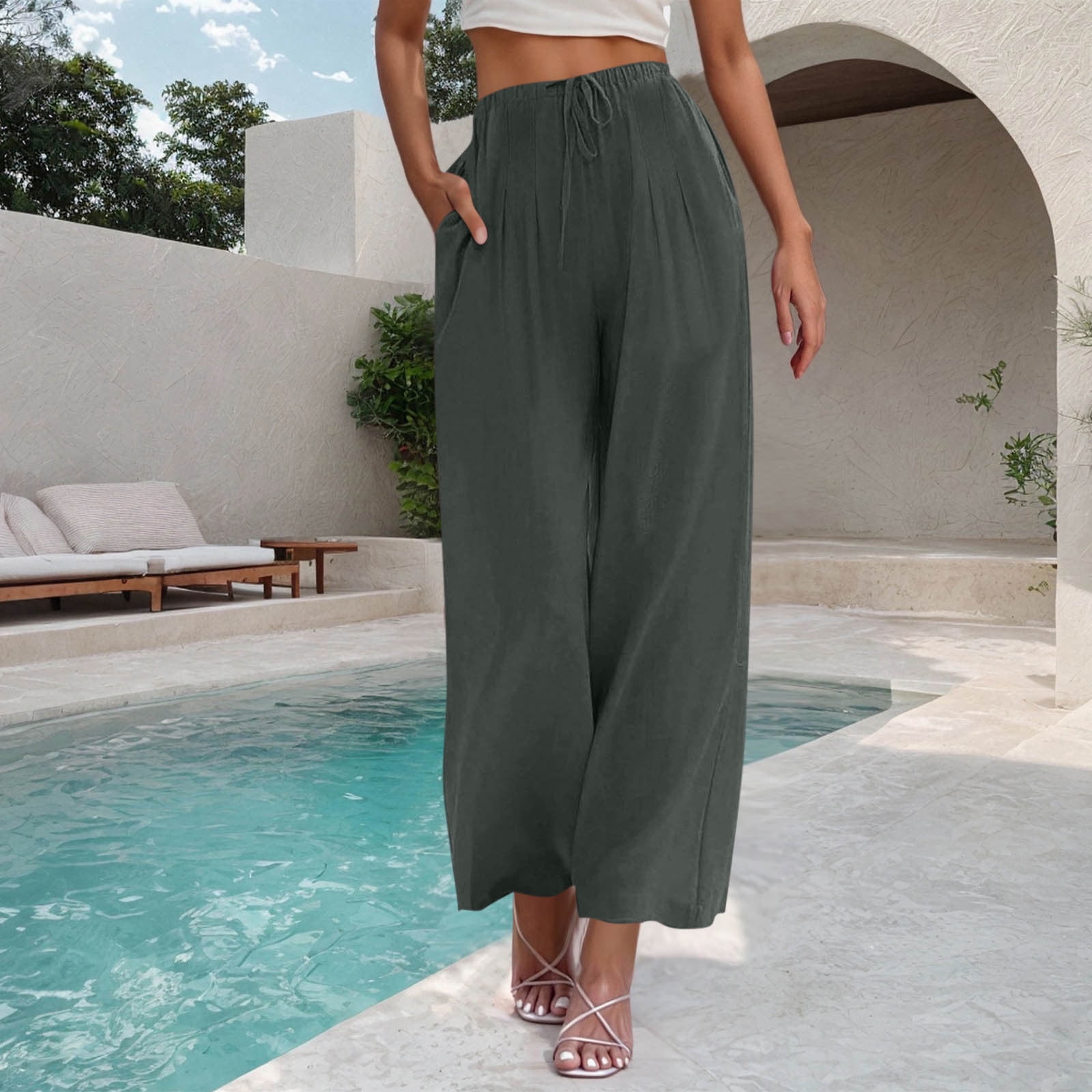 knee length dresses for ladies Women's Plus Size Linen Pants  High Rise Wide-Leg Pants XL