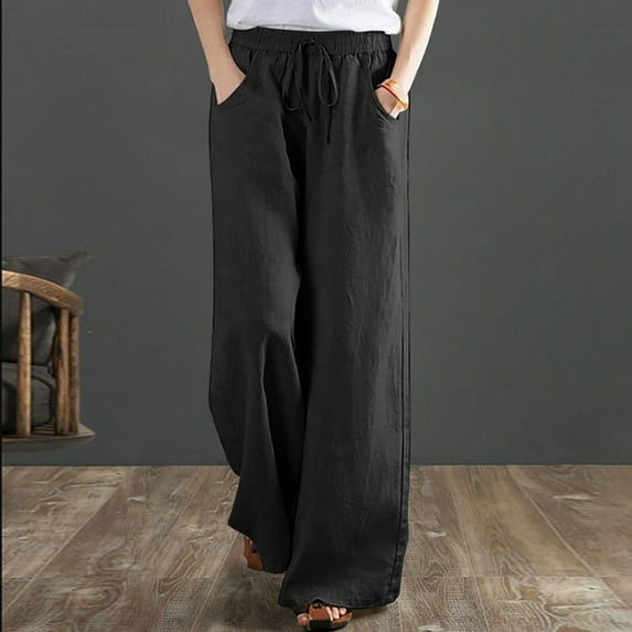 SELONE Wide Leg Linen Pants for Women Drawstring Baggy Wide Leg Casual Linen with Belted Cotton Loose Belt Pants for Everyday Wear Running Errands Going to Work Casual Event Black L