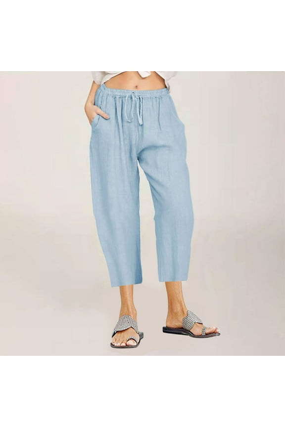 Wide Leg Linen Pants for Women High Waist Drawstring Baggy Wide Leg Elastic Waist Casual Linen Solid Cotton Pants Cropped Trousers for Everyday Wear Running Work Sky Blue XXXL