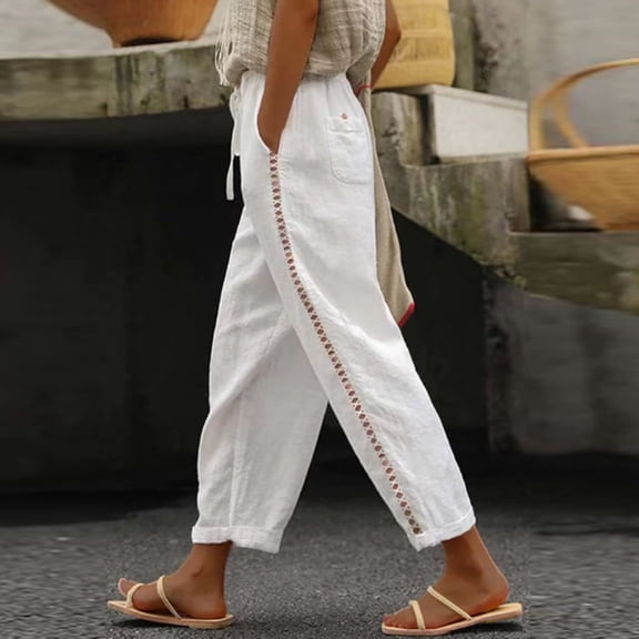 SELONE Wide Leg Linen Pants for Women Plus High Waist High Rise Elastic Waist Casual Slim Fit Linen Long Pant Slim High Solid Color Sports Cotton And Pants for Everyday Wear Running Work White M