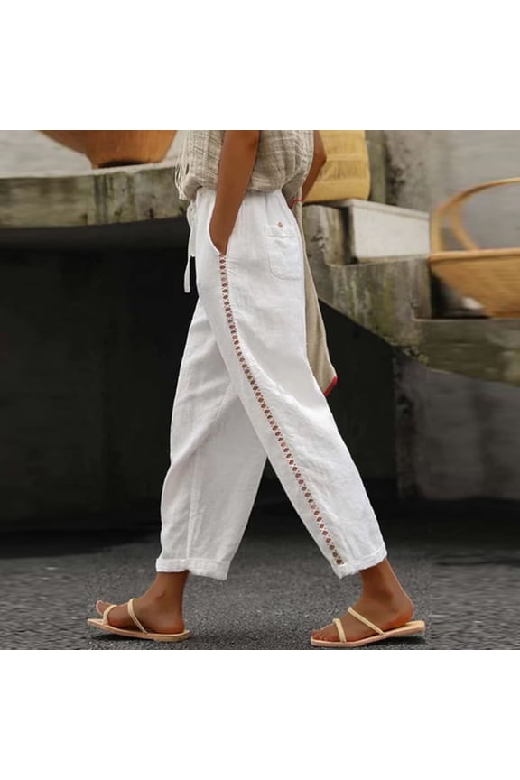Wide Leg Linen Pants for Women Plus High Waist High Rise Elastic Waist Casual Slim Fit Linen Long Pant Slim High Solid Color Sports Cotton And Pants for Everyday Wear Running Work White M