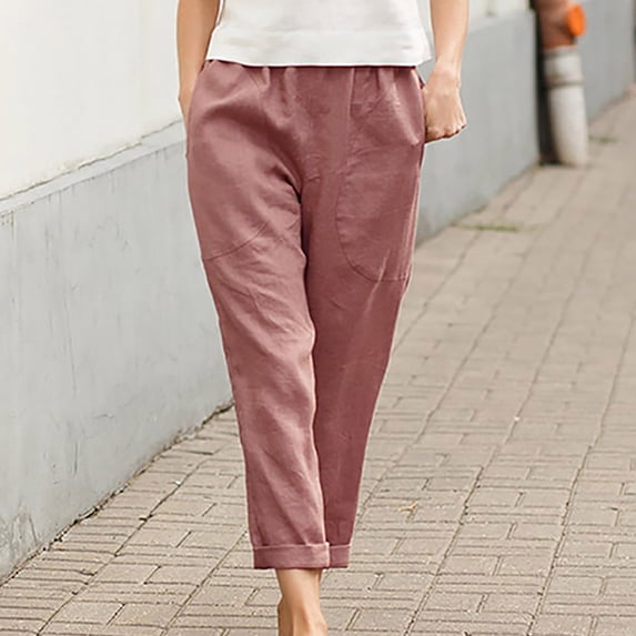 SELONE Wide Leg Linen Pants for Women Plus With Pockets Elastic Waist Casual Linen Long Pant Straight Leg Pants Solid Color Large Cotton Pants for Everyday Wear Running Errands Work Casual Event Red L